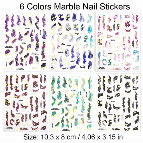 6 Colors Bronzing Gold Marble Nail Stickers for Women 3D Marble Nail Decals Watercolor Blooming Nail Art Stickers Self Adhesive Stickers for Nails Supply Smudge Nail Sticker Nail Designs Nail Supplies