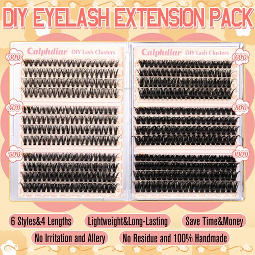Calphidar Eyelash Clusters 30D+40D+50D+60D+80D+100D Lash Clusters Wispy Individual Lashes 476PCS D Curl Lash Extension 8-16MM Natural Lashes Clusters DIY Cluster Eyelash Extensions for Beginners
