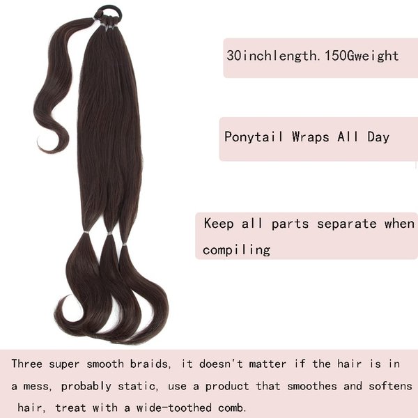 QIAORUIXIN 30'' Long Braided Ponytail Extension for Women with Hair Tie rubber band Straight Wrap Around Hair Extensions Ponytail Natural Soft Synthetic Hair Piece PonyTail Extension(Chocolate Brown)