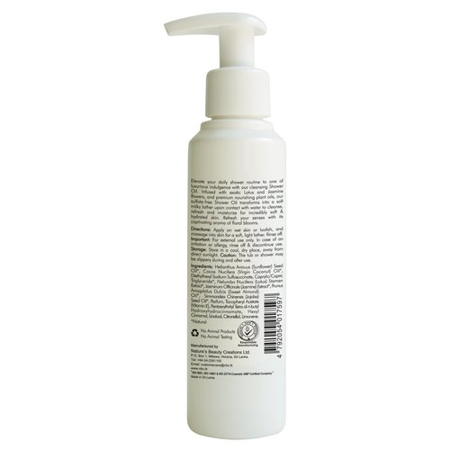 Sweet Almond Cleansing & Softening Shower Oil. Oil-to-Milky Lather. Sulfate-Free. With Jasmine & Lotus. No Mineral Oil. For Dry & Extra Dry Skin. For Softer, Smoother & Nourished Skin.