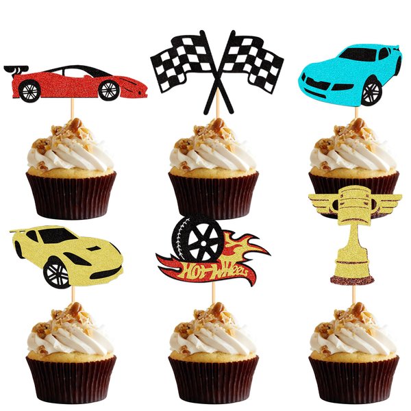 Ercadio 24 Pack Let's Go Racing Cupcake Toppers Glitter Fighting Race Car Cupcake Picks Racing Car Cupcake Toppers for Baby Shower Racing Sports Theme Baby Shower Birthday Party Cake Decors Supplies
