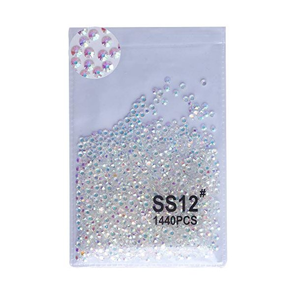 PrettyG 2880pcs SS12 Nail Crystals Bare AB Nail Art Sparkly Round Flatback Rhinestones, Non-Self-Adhesive Bab-S12