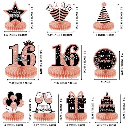 10Pcs Rose Gold Sweet 16th Birthday Decorations for Girls,16th birthday Honeycomb centerpieces for tables ，Sixteen Year Old Birthday Table Toppers Sign Decor