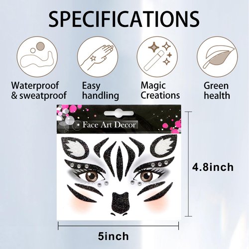 Black White Zebra Face Stickers Animal Face Gem Stickers White Crystal Diamond Face Art Stickers Black Glitter Face Decals Design Party Face Eye Decoration for Festival Party 2Sheets