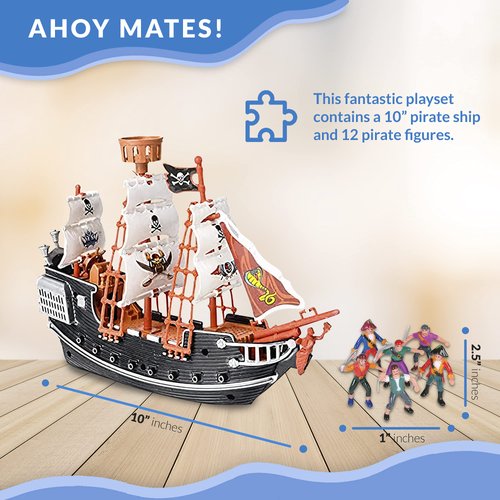 HOWBOUTDIS Pirate Playset - 10 inch Pirate Ship with 2 inch Pirate Figurines - Hours of Imaginative Play- Makes a Great Gift or a Fun Prize - Ages 3yrs+