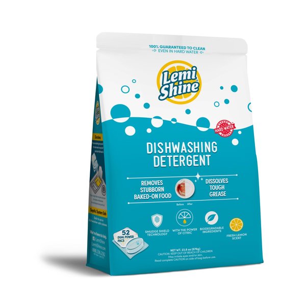 Lemi Shine Natural Dishwasher Pods | All-In-One Powder & Gel Dishwasher Detergent Pods with Powerful Citric Acid | Eco Friendly Dish Wash Cleaning Supplies (52 Count)