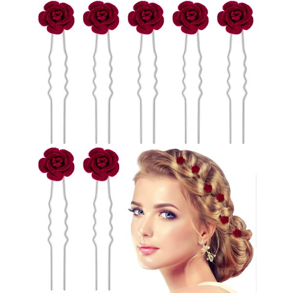 24 Pieces Red Rose Bridal Hair Pins Flower Hair Clips U Shaped Hair Jewelry Accessories for Bridal Wedding Dance Birthday Woman Girls Small Bobby Pins for Hair
