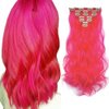 iLUU 20 Inch Hot Pink Color Party Cosplay Wavy Curly Hair Clip in Extensions 20" 100g Synthetic Hair Extensions 7pcs Full Head Women Hair Pieces 16 Clips ins for Girl (#8C-Hot Pink)