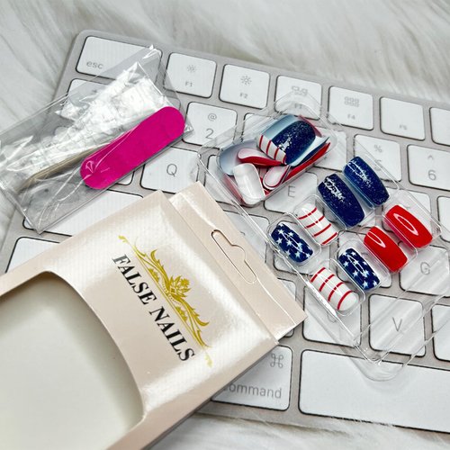 24Pcs Independence Day Press on Nails Short Star Fake Nails 4th of July False Nails American Flag Glitter Nails Design Glue on Nails Artificial Full Cover Glossy Patriotic Stick on Nails for Women