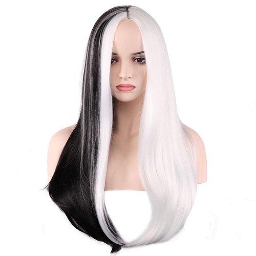 BERON Black White Two Tone Wig Long Curly Wig Women Girls Charming Full Wig Long Wavy Wig Black White Split Wig for Cosplay Party Wig Cap Included (Black White Two)