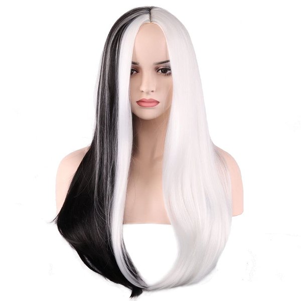 BERON Black White Two Tone Wig Long Curly Wig Women Girls Charming Full Wig Long Wavy Wig Black White Split Wig for Cosplay Party Wig Cap Included (Black White Two)