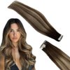 FUBILI Tape in Human Hair Extensions Real Human Hair Brown Fading to Blonde Mix Brown Hair Extensions for Women 40g 12 Inch