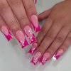MISUD Press on Nails Long Square Fake Nails Glossy Glue on Nails Hot Pink French Tip Acrylic Nails Squoval Artificial Nails Summer Flower Stick on False Nails with Design 24 pcs