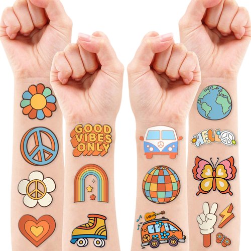 96PCS Groovy 70s Temporary Tattoos Birthday Party Decorations Favors Flower Power Good Vibes Retro Cute Tattoos Sticker Gift for Kids Boys and Girls, Prizes Themed Baby Shower Supplies