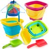Sloosh 3 PCS Foldable Buckets with 3 Shovels Sand Bucket Water Bucket Sandbox Square Party in Summer Foldable Pail Bucket Silicone Collapsible Bucket Kids Beach Toys Travel (Yellow/Blue/Green)