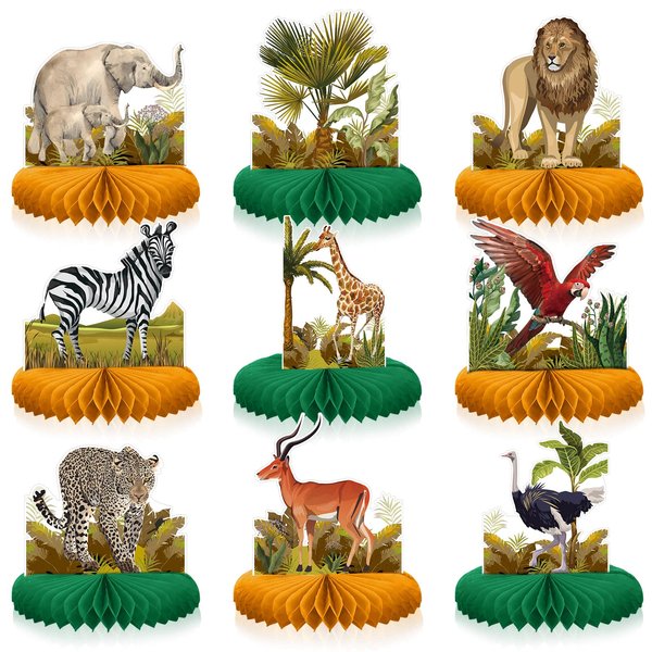 Shappy 9 Pcs African Safari Centerpieces for Tables Baby Shower Decorations Jungle Animals Honeycomb Centerpieces Safari Animal Theme Birthday Decorations for Boys Kids Baby Shower Nursery Party