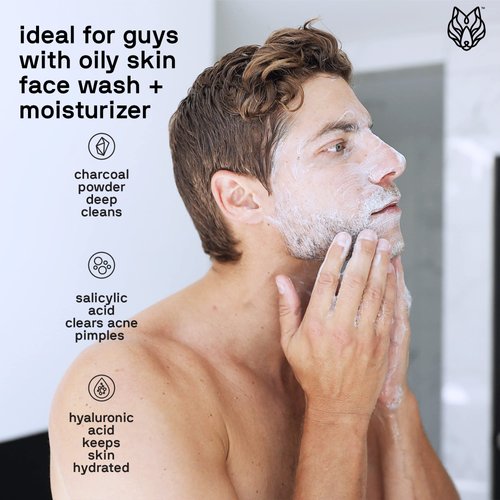 Black Wolf Face Wash and Oil-Free Moisturizer Gel Bundle for Oily Skin, Deep Clean- 2pc Bundle- Charcoal Powder and Salicylic Acid Reduce Acne Breakouts and Cleanse Your Skin- Gift Set for Men