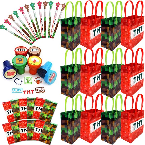 TINYMILLS Pixel Miner Party Favor Set of 60 Pcs (12 Party Favor Treat Goody Bags with Handles, 24 Self-Ink Stamps for Kids, 12 multi-point pencils, 12 small spiral notepads)