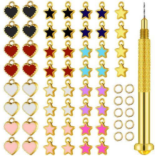 113 Pieces Dangle Nail Piercing Charms Set, Nail Art Piercing Tool Hand Drill and Colored Hearts Stars Rings Jewelry Rings for Tips, Acrylic, Gels Decorations, Colored Hearts and Stars (Chic Color)