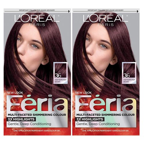 L'Oreal Paris Feria Multi-Faceted Shimmering Permanent Hair Color, Chocolate Cherry, Hair Dye Kit, Pack of 2