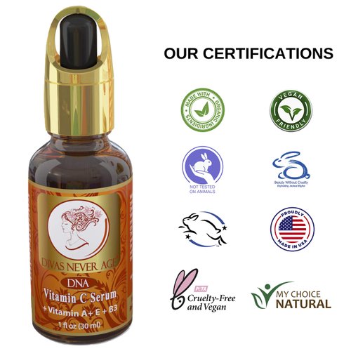 Divas Never Age Vitamin C Skin Transformation Anti-Aging Serum with Hyaluronic Acid, Vitamins and Antioxidants Plumps and Renews Skin Organic, Natural, Vegan, and Cruelty-Free 1 Fl. Oz