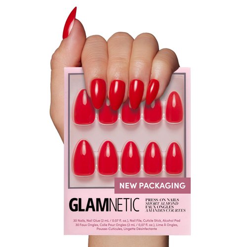 Glamnetic Press On Nails - Fiery Red | Opaque Bright Red Short Almond Fake Nails, Reusable | 15 Sizes - 30 Nail Kit