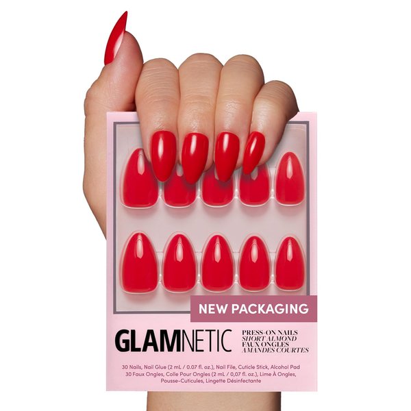 Glamnetic Press On Nails - Fiery Red | Opaque Bright Red Short Almond Fake Nails, Reusable | 15 Sizes - 30 Nail Kit
