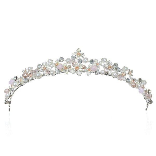 SAMKY Bridal Tiara Wedding Crown Pink Crystal Pearl Headpiece Hair Accessories for Bride