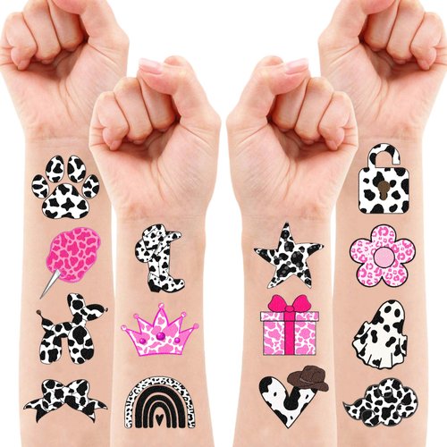 110 PCS Cow Print Birthday Party Decorations Favors Supplies Farm Animal Pink Happy Cow Temporary Tattoos Decor Stickers For Little Cow Girls Boys Gift School Prizes Rewards