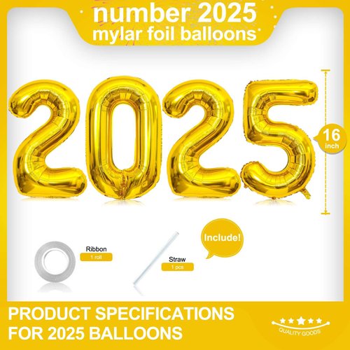 2025 Balloons, 16 Inch Gold 2025 Number Balloons, 2025 Gold Balloons,2025 New Year Gold Balloons for New Year Eve Party Supplies 2025, New Years 2025, Christmas, Graduations Decorations