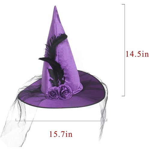 JUSTOTRY Magic Master Purple Witch Hat for Halloween Party Hats for Women & Girls Women's Witch Hats with Roses & Feathers(Purple)