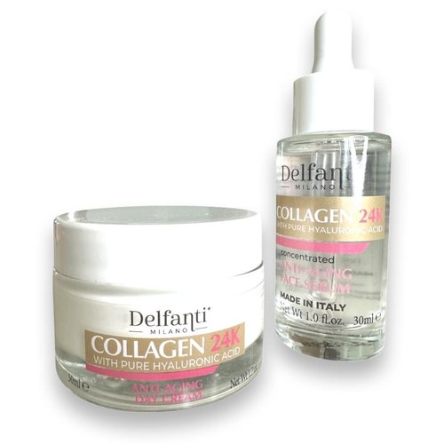 Delfanti • COLLAGEN 24K with pure HYALURONIC Acid • DAY TREATMENT FULL SIZE DUO PACK Concentrated Anti-Aging Serum and Day Cream for Face and Neck • Made in Italy