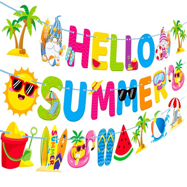 Hello Summer Banner Summer Party Decorations Beach Party Decoration 3Pcs Hello Summer Pool Party Banners for Hawaiian Happy Summer Party Supplies