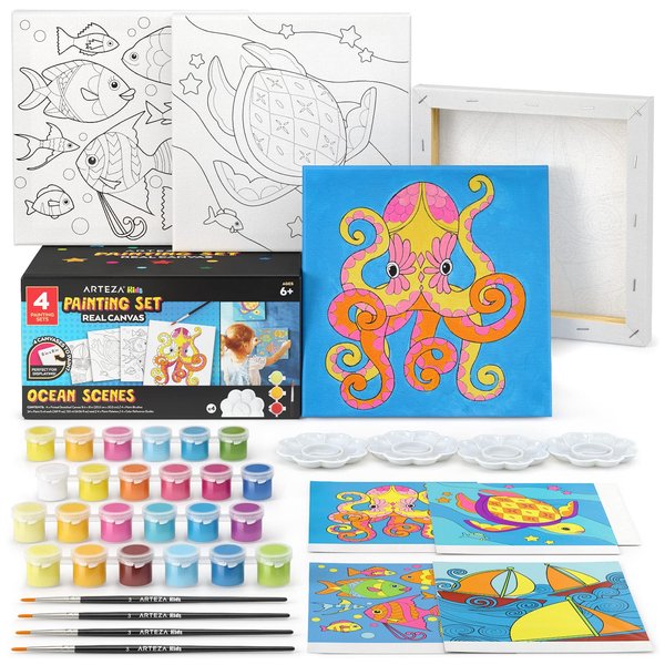 Arteza Kids Ocean Scenes Painting Kit, 4 Canvases 8 x 8 Inches, 24 Acrylic Paints, 4 Paint Brushes, 4 Palettes, Kids Activities Ages 6 and Up