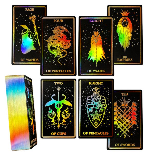 CRAFTERIAN Mistyc Minimalistic Tarot Cards with Rainbow Foil 78 Tarot Deck with Gold Edges, for Beginners and Experts with Guide Book. (Black)