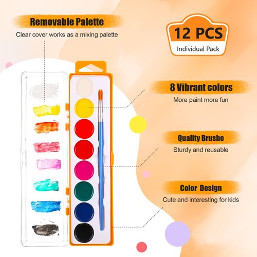 Watersay 12 Pack 8 Colors Watercolor Paint Set for Kids Washable Watercolor Paint with Paintbrush for Classroom School Birthday Art Activities Halloween Christmas Party Supplies(Orange)