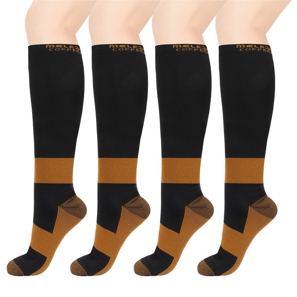 MELERIO Copper Compression Socks Men Women 4 Pairs 15-20 mmhg Comfortable Circulation for Edema Varicose Veins and Anti-Fatigue (Copper, L/XL)