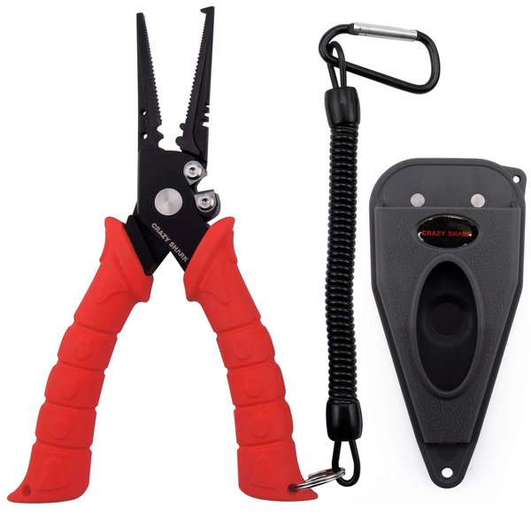 Fishing Pliers, Stainless Steel Fishing Tools, Saltwater Resistant Fishing Gear, Tungsten Carbide Cutters, Split Ring Pliers, Hook Remover with Coiled Lanyard and Sheath (Red - 7" Split Ring Nose)