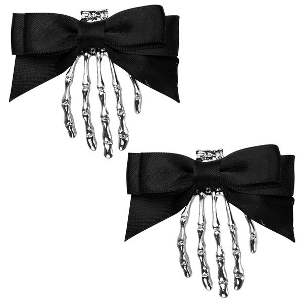 2pcs Skull Hand Hair Clips with Bowknot, Silver Black Halloween Hair Clips Skeleton Hand Barrettes Bone Claw Hairpins Gothic Hair Accessories for Horror Party Decoration Cosplay Costume