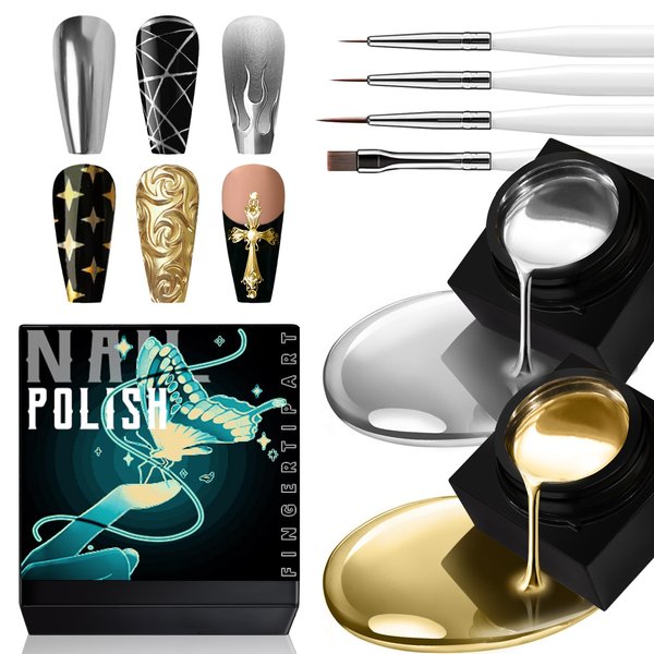 HOSAILY 2x8ml Metallic Painting Gel Kit, Mirror Silver Gold Gel Nail Polish, Super Glossy Shine 3D Metal Painted Gel, Mirror Chrome Effect Nail Art Soak Off UV/LED DIY Nail Manicure Drawing Decoration