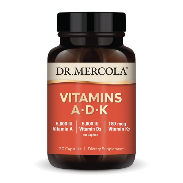 Dr. Mercola Vitamins ADK, 30 Servings (30 Capsules), Dietary Supplement, 5000 IU Vitamin A & Vitamin D3, 180 mcg Vitamin K2, Supports Immune Health, Non GMO