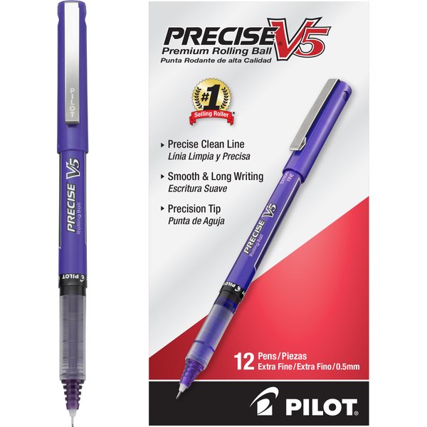 Pilot, Precise V5, Capped Liquid Ink Rolling Ball Pens, Extra Fine Point 0.5 mm, Purple, Pack of 12