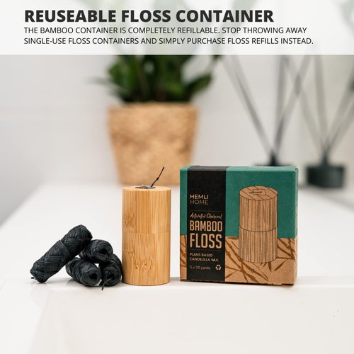 Vegan Bamboo Charcoal Dental Floss - 5-Pack - Refillable Bamboo Container - 5 x 33 Yards - Eco-Friendly Floss - Plant-Based Candelilla Wax Floss with Natural Mint Flavoring