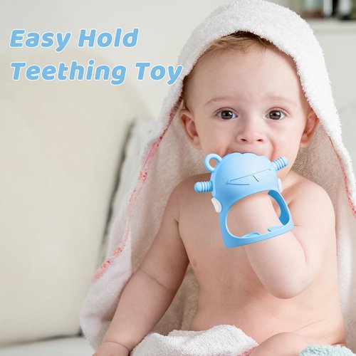 NCVI Baby Christmas Silicone Teether Hand Grip for 0-6 Months, Never Drop Baby Sucking Teething Relief Hand Held, Hand Wrist Chewing Teether Toys Mitten for Infants, BPA Free (Light-Blue Robot)