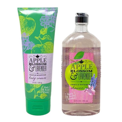 Generic Bath and Body Work Apple Blossom & Lavender Body Cream and Shower Gel Bundle - Full Size, Green