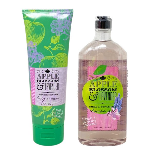 Generic Bath and Body Work Apple Blossom & Lavender Body Cream and Shower Gel Bundle - Full Size, Green