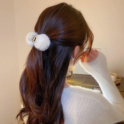 Jumwrit Furry Hair Claw Clip Small High Ponytail Holder Hair Clip Strong Hold Solid Color Hair Barrette Dainty Copper Hairpin Clamp Cute Hair Styling Accessories for Women Girls(White)