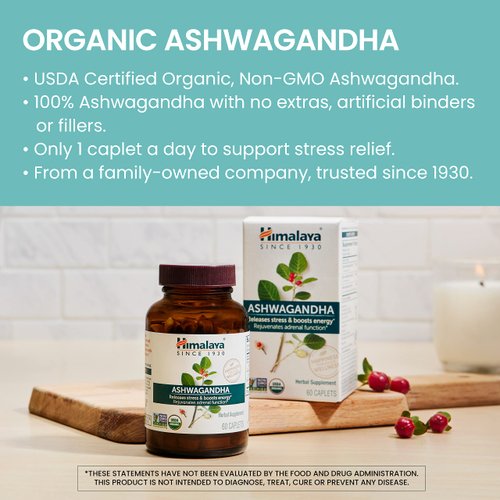 Himalaya Organic Ashwagandha, 90 Day Supply, Herbal Supplement for Stress Relief, Energy Support, Occasional Sleeplessness, USDA Certified Organic, Non-GMO, Vegan, Gluten Free, 670 mg, 90 Caplets