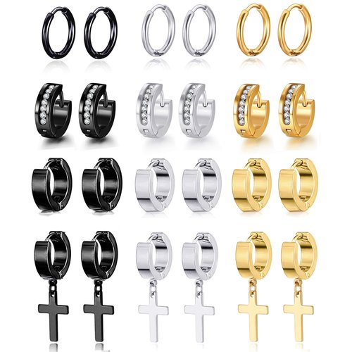 Ofeiyaa 12 Pairs Stainless Steel Small Hoop Earrings Set Huggie Earrings CZ Inlaid Cross Dangle Hinged Earrings Stud Earrings for Mens Women Silver Black Gold Tone