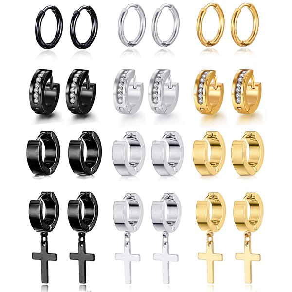 Ofeiyaa 12 Pairs Stainless Steel Small Hoop Earrings Set Huggie Earrings CZ Inlaid Cross Dangle Hinged Earrings Stud Earrings for Mens Women Silver Black Gold Tone